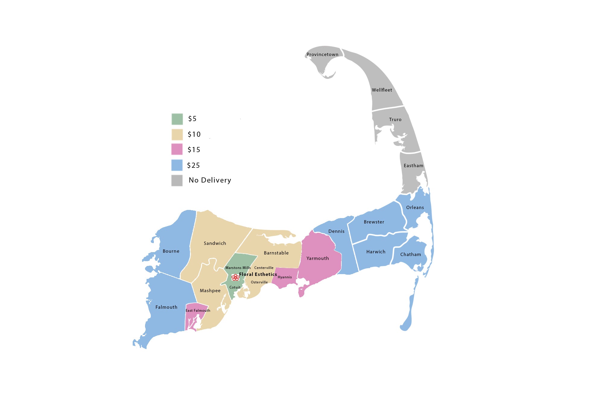 Cape Cod flower delivery rates map by Floral Esthetics