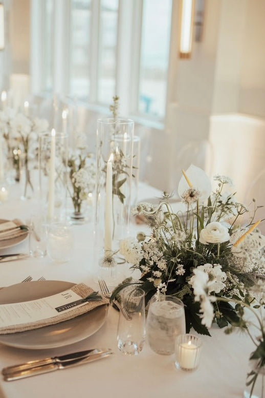 Modern table centerpiece with wild flowers, ranunculus, and anthurium by Floral Esthetics at Wychmere Beach Club 