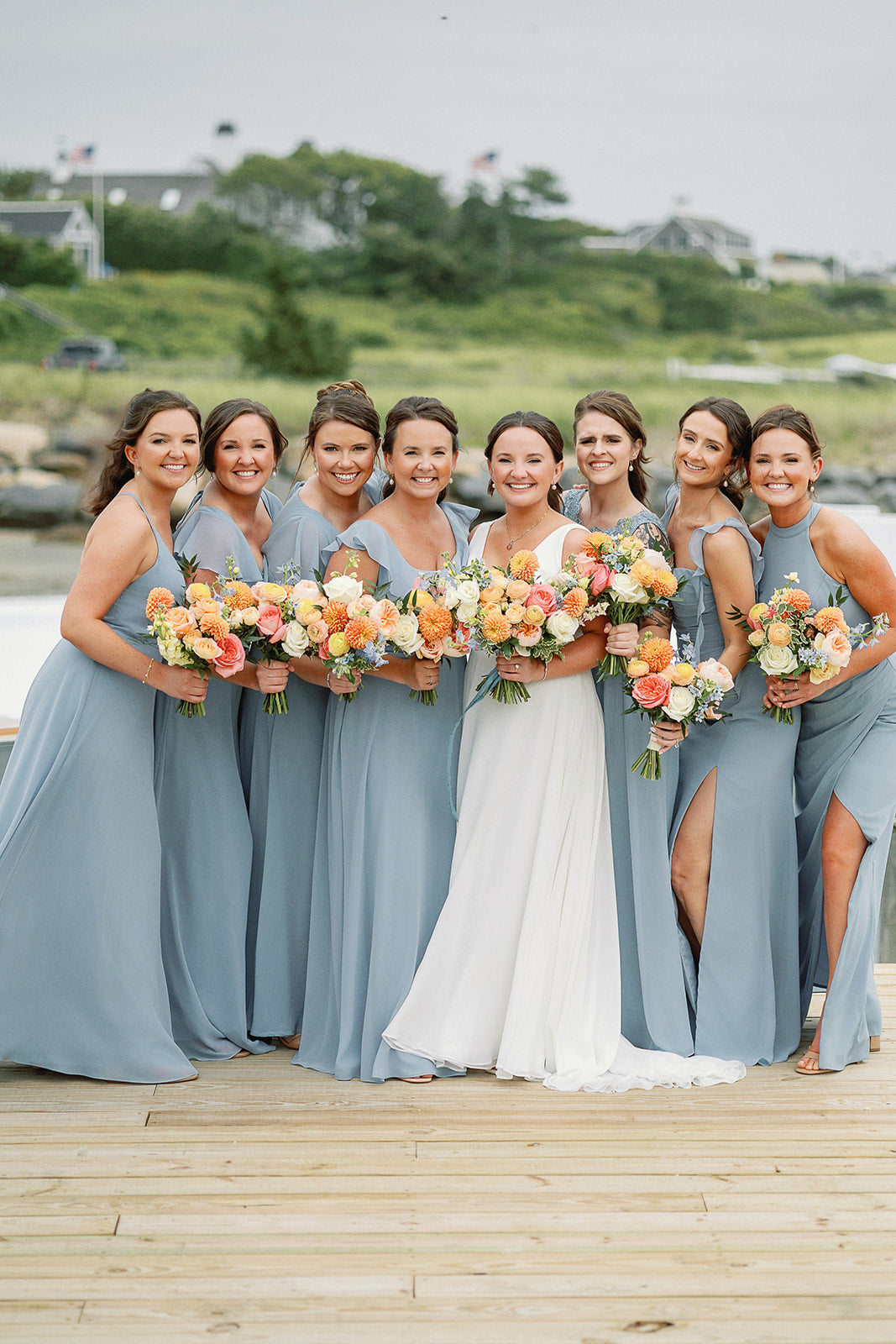 Cape Cod Bride & Bridesmaids with colorful bouquets by Floral Esthetics at Wychmere Beach Club 