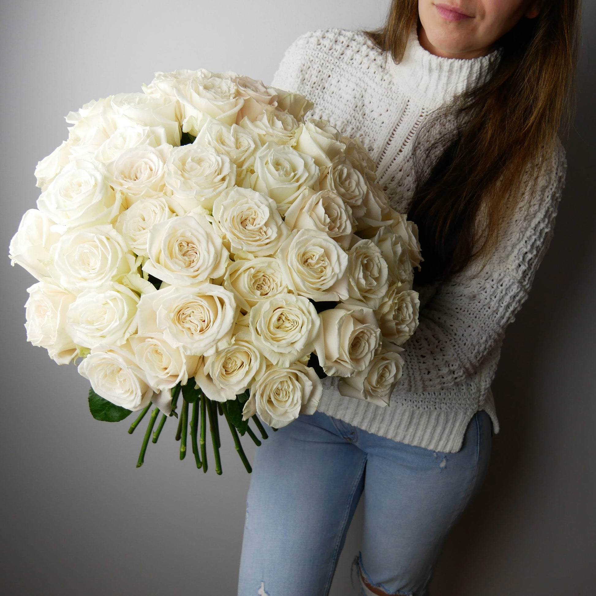 50 white roses hand-tied bouquet